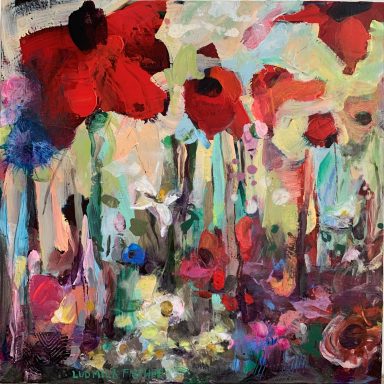 Bunte abstrakte Malerei mit roten Blumen und grünen Stängeln im Vordergrund.