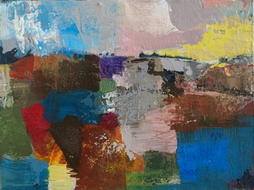 Der Horizont Abstrakte Malerei mit bunten Pinselstrichen in Blau, Braun, Rot und Gelbtönen.