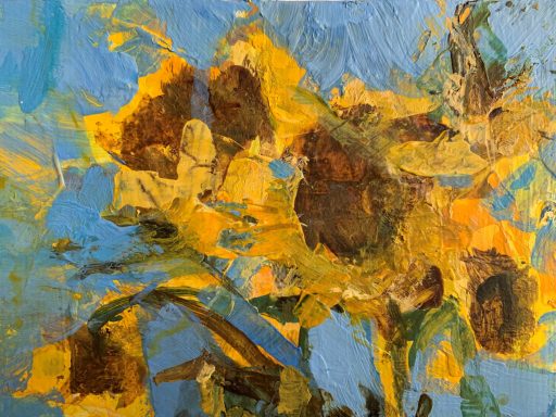 Abstrakte Darstellung von Sonnenblumen auf blauem Hintergrund.