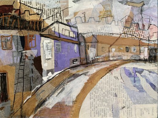 Bunte, stilisierte Straßenszene mit Häusern und einem kurvenreichen Weg.