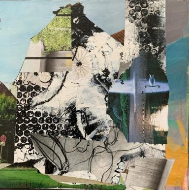 Abstrakte Collage mit verschiedenen Texturen und Formen in lebhaften Farben.