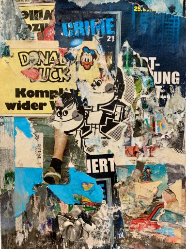 Collage aus verschiedenen Plakaten und Grafiken in bunten Farben und Texten.