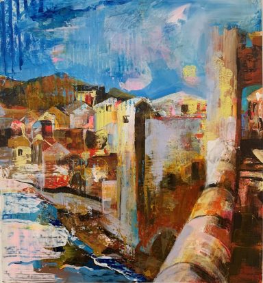 Besalu - Brücke über den Fluss Fluvia Abstrakte Darstellung einer farbenfrohen Landschaft mit Häusern und Fluss.