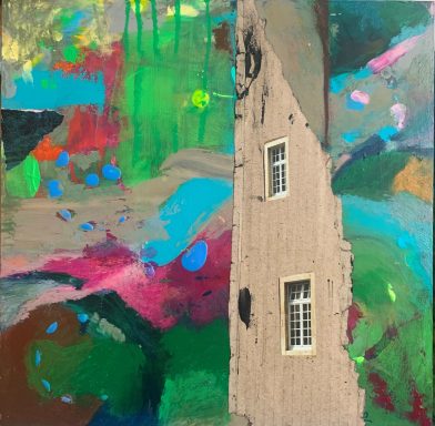 Aussicht Abstraktes Kunstwerk mit einer schiefen Hausdarstellung und bunten Farbspritzern.