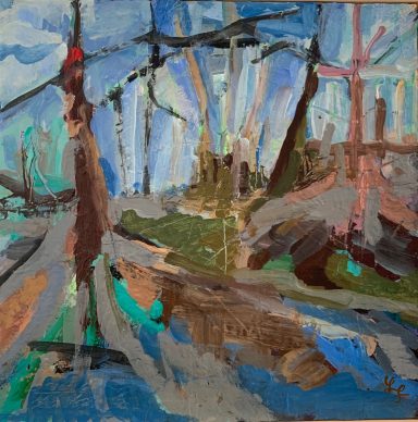 Im Wald Abstrakte Darstellung eines Hafens mit Schiffen und verschwommenen Farben.