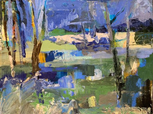 Waldlandschaft mit Wasser Abstrakte Landschaft mit bunten Pinselstrichen und schemenhaften Formen von Bäumen.