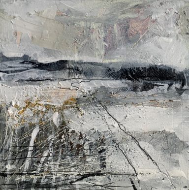 Natur im Winter Abstrakte landschaftliche Darstellung in Grautönen mit strukturierten, schichtartigen Elementen.