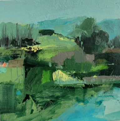 Abstrakte Landschaft mit grünen und blauen Farbtönen, Wasser und bewaldeten Bereichen.