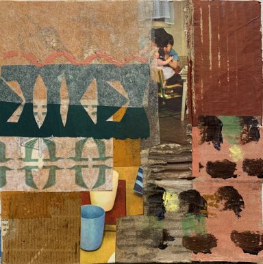 Kunstwerk mit bunten geometrischen Formen und texturierten Flächen in einem lebendigen Stil.