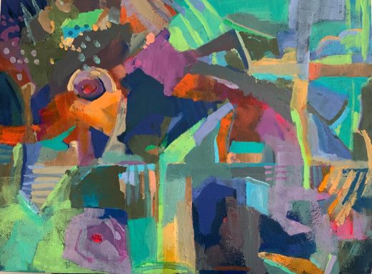 Farbenfrohes abstraktes Gemälde mit dynamischen Formen und kräftigen Farben.