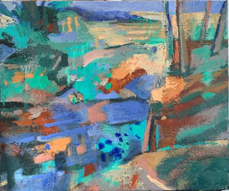 Ufer mit Bäumen Abstraktes Landschaftsbild mit kräftigen Farben und fließendem Wasser.