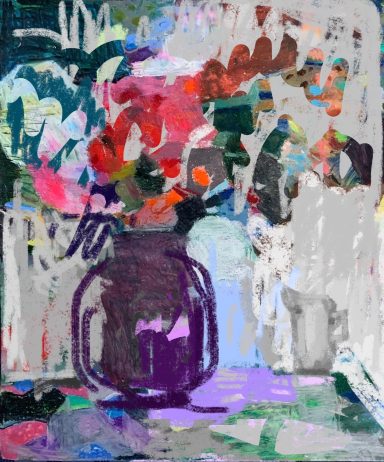 Bunte abstrakte Darstellung eines Blumenstraußes in einer Vase.