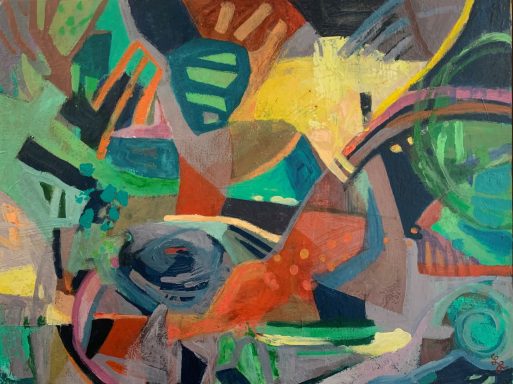 Abstraktes Gemälde mit bunten Formen und Linien in lebendigen Farben.