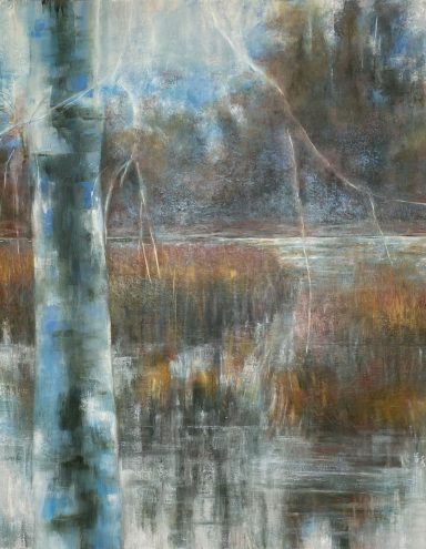 Winter Blick auf eine malerische Landschaft mit Bäumen und einem ruhigen Gewässer.