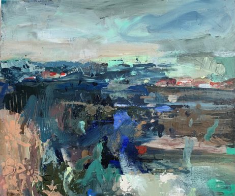 Abstrakte Landschaft mit dominierenden Blau- und Grüntönen, sanften Pinselstrichen.