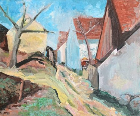 Bunte Landschaft mit Häusern, Bäumen und einem Weg, unter blauem Himmel.