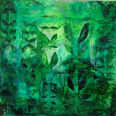 Grüne abstrakte Kunst mit Pflanzenmotiven und schattierten Texturen.