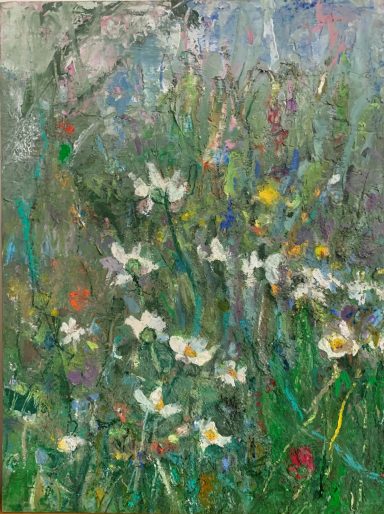 Bunte Wiese mit weißen Blumen und grünen Gräsern, impressionistischer Stil.