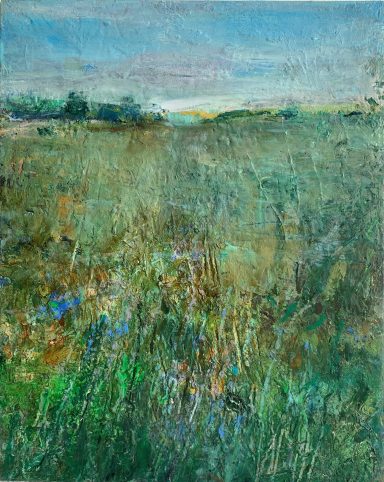 Wildblumen Feldlandschaft mit grünem Gras und blauen Blüten unter einem bewölkten Himmel.