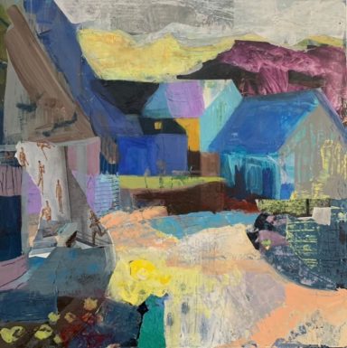 Auf dem platten Lande Bunte, abstrakte Landschaft mit stilisierten Häusern und hügeligem Hintergrund.