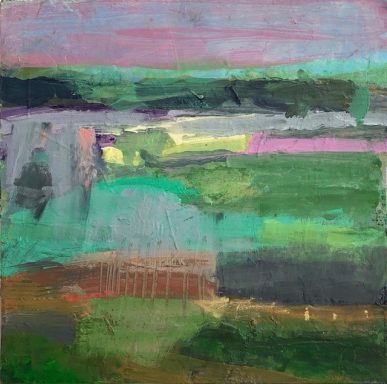 Landschaft III Abstraktes Landschaftsgemälde mit grünen und violetten Farbtönen.