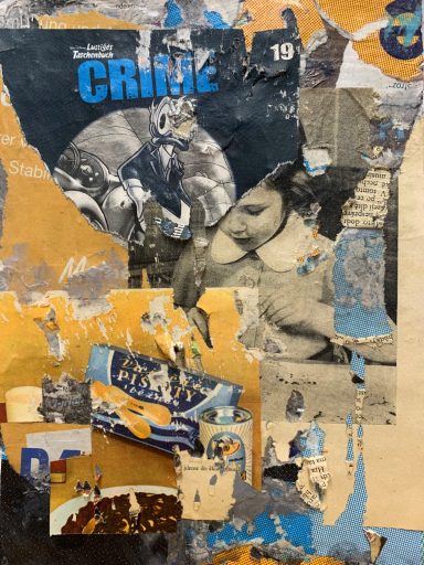 Collage aus Zeitschriftenausschnitten in Gelb- und Blautönen, mit verschiedenen Motiven.