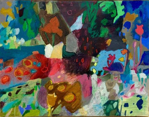 Abstraktes Kunstwerk mit bunten Farbflächen und organischen Formen.