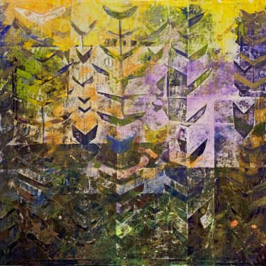 Abstrakte Pflanzenmuster in Gelb-, Grün- und Lilatönen auf strukturiertem Hintergrund.