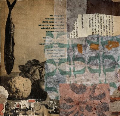 Kunstvolle Collage mit Text, Fischen und abstrakten Mustern auf strukturiertem Hintergrund.