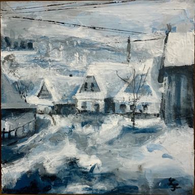 Usti nad Orlici, Ulice Zahradni Schneebedeckte Landschaft mit traditionellen Häuschen und verschneiten Bäumen.