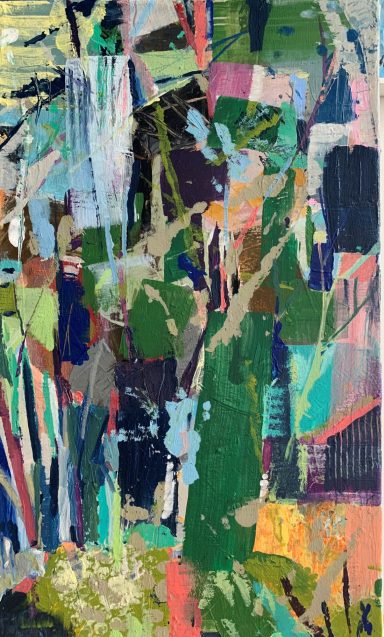 Die Natur Abstrakte Malerei mit lebendigen Farben und geschichteten Formen, die Natur darstellt.