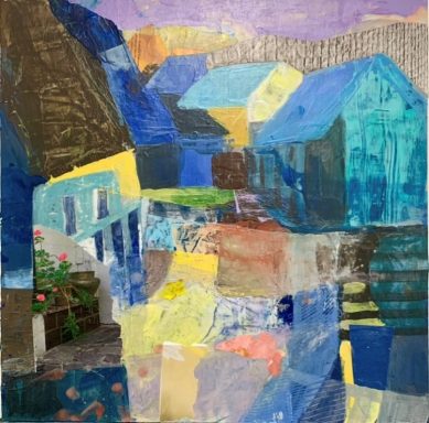 Sommermorgen Bunte abstrakte Darstellung von Häusern in verschiedenen Formen und Farben.