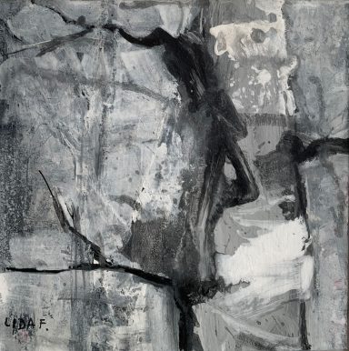 Winter im Wald Abstrakte Schwarz-Weiß-Kunst mit dynamischen Pinselstrichen und strukturierten Flächen.