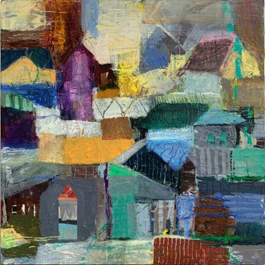 Dorf Abstracte Darstellung in lebhaften Farben, mit geometrischen Formen und Strukturen.