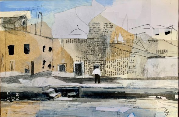 Eine verschwommene Landschaftsbilder mit einem Mann vor einer Gebäudewand und einem Wasserlauf.