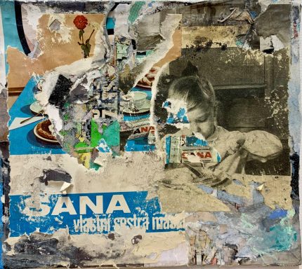 Collage aus verschiedenen Bildern, darunter eine Person und ein Werbeschild.